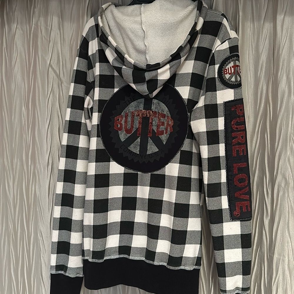 Women’s zip up hoodie jacket sweatshirt checkered Pure Love Piece sign Sz M